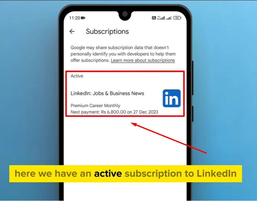 showing active subscription of LinkedIn premium account in the playstore