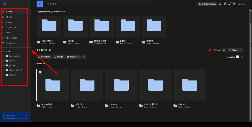 sidebar of your dropbox account
