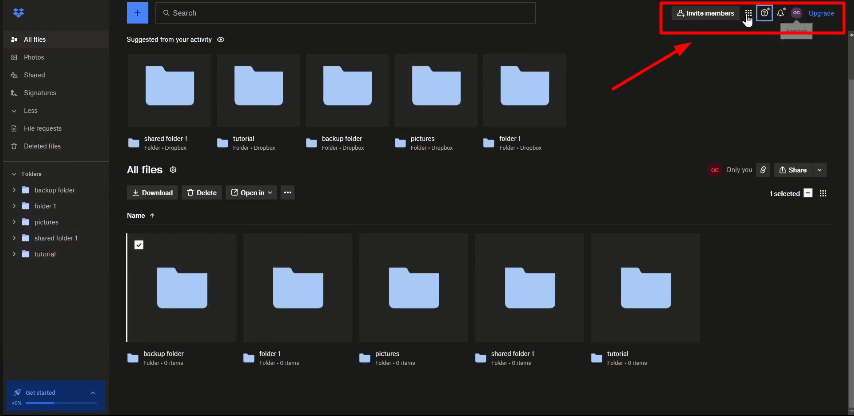 top right corner of dropbox account upgrade here