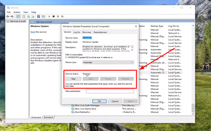 service status in window update setting