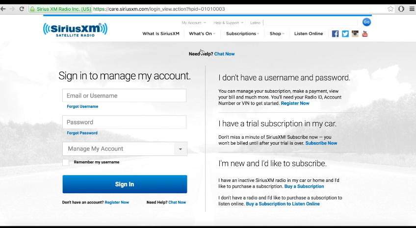 SiriusXM login page