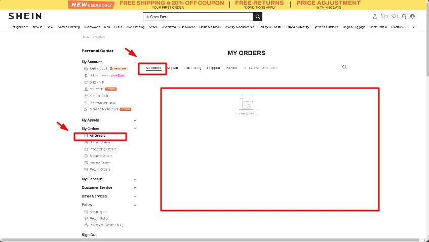 SHEIN Order section