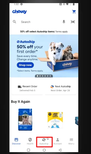 autoship button chewy app