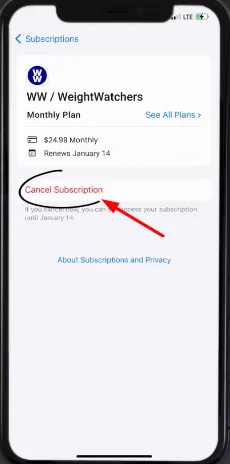 cancel subscription of weight watcher