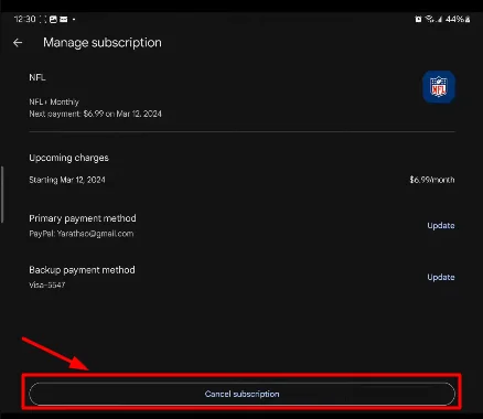 cancel NFL Plus subscription button