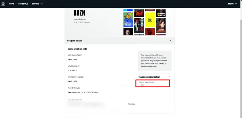 cancel subscription button of dazn