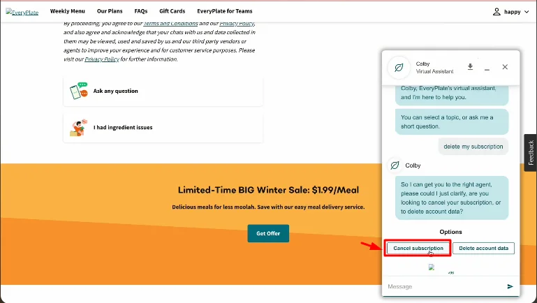 cancel subscription button EveryPlate
