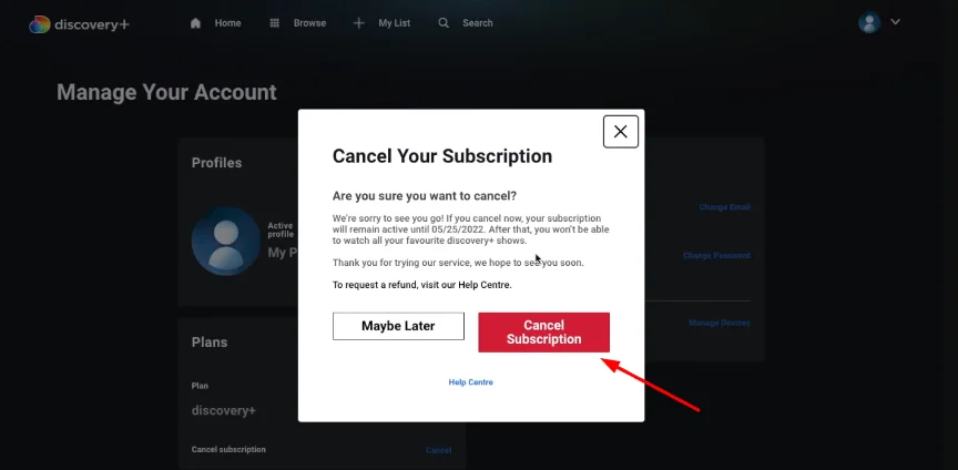 cancel subscription button of discovery plus