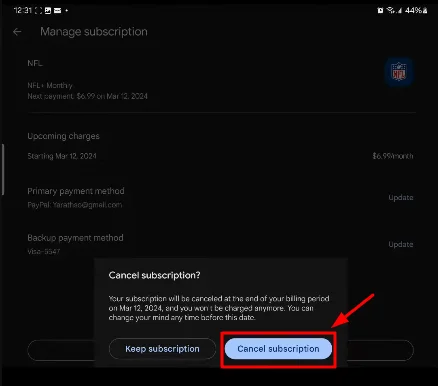 NFL Plus cancel subscription button