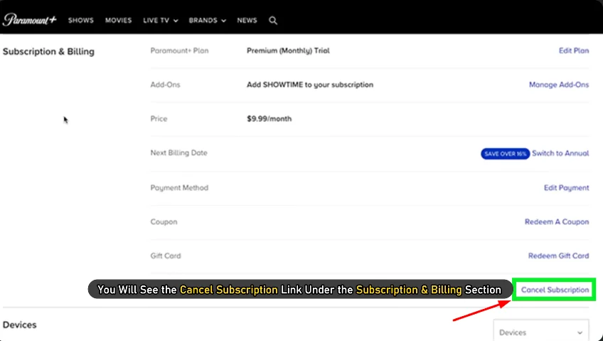 cancel subscription button of paramount plus