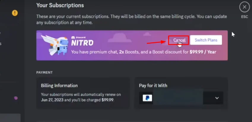 cancel subscription button discord nitro