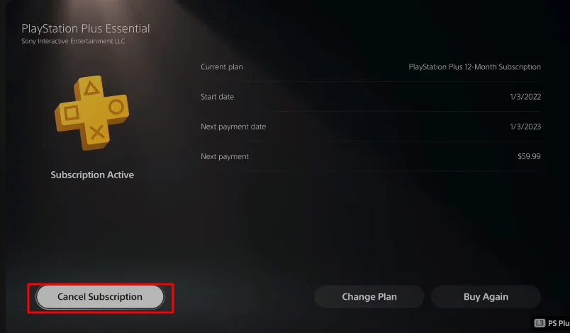 cancel subscription button ps5