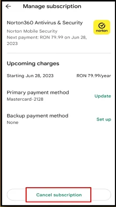 cancel subscription button of norton