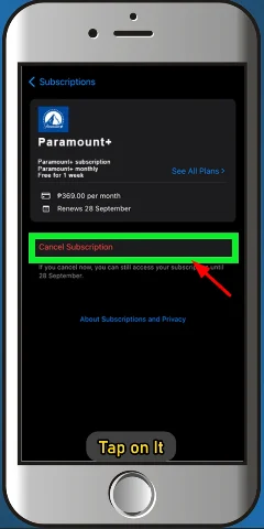 cancel subscription button of paramount plus on iphone
