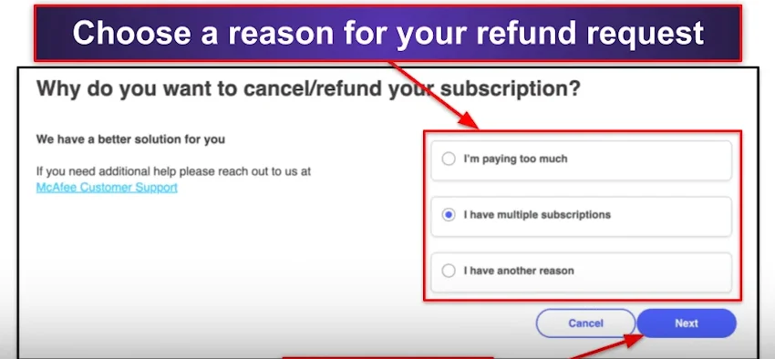 choose the reason to cancel mcafee 