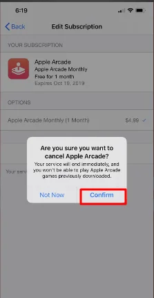 confirm cancel Apple Arcade subscription