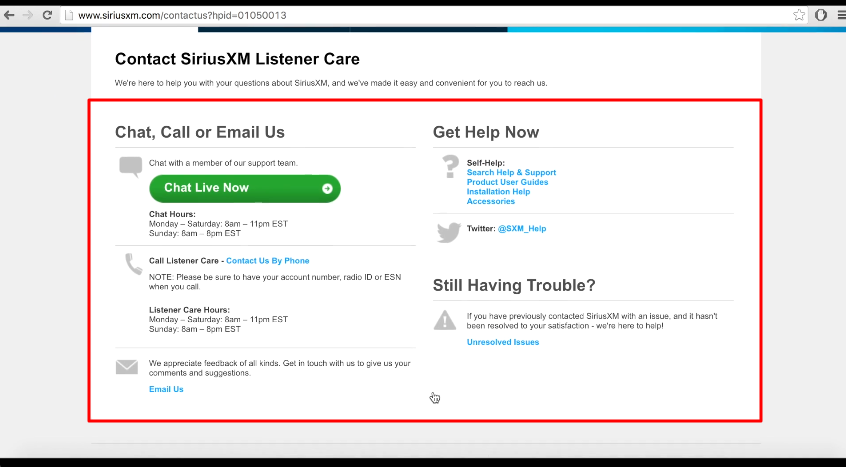 SiriusXM contact us section