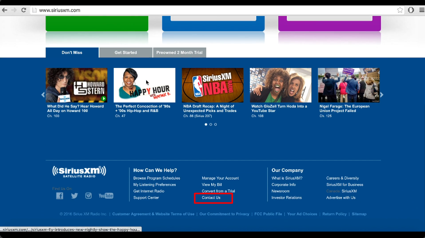 SiriusXM contact us button