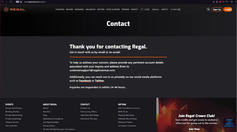contact us page of regal movies
