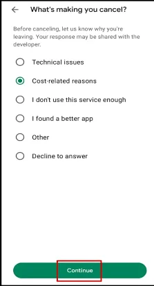 continue to cancel button