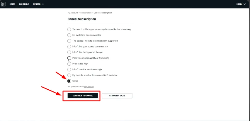 select reason and confirm cancellation