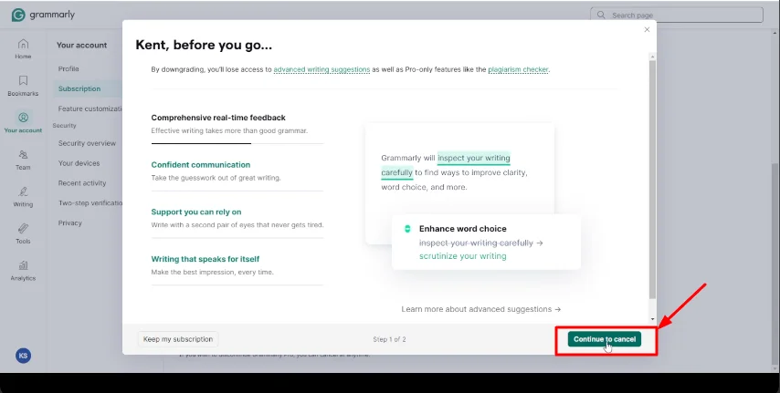 continue to cancel grammarly