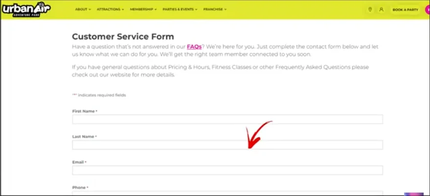 Urban Air customer service form