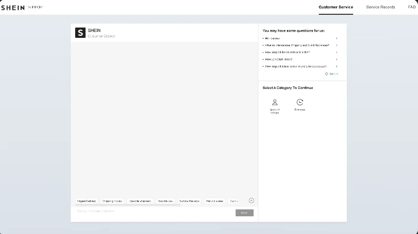 SHEIN Order customer service section