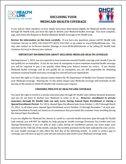 Decline medicaid health coverage plan