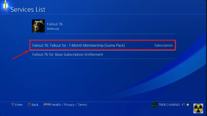 Fallout 1st subscription in service list