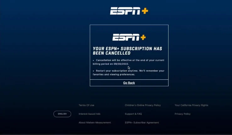 go back screen interface of espn plus 