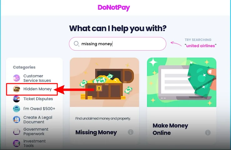hidden money button in doNotPay