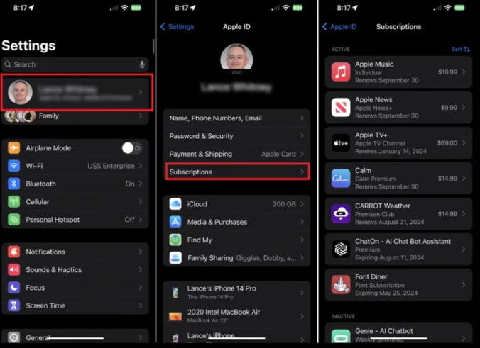 settings of iphone , subscription button AppleCare+