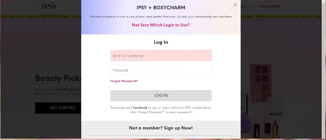 Ipsy login form