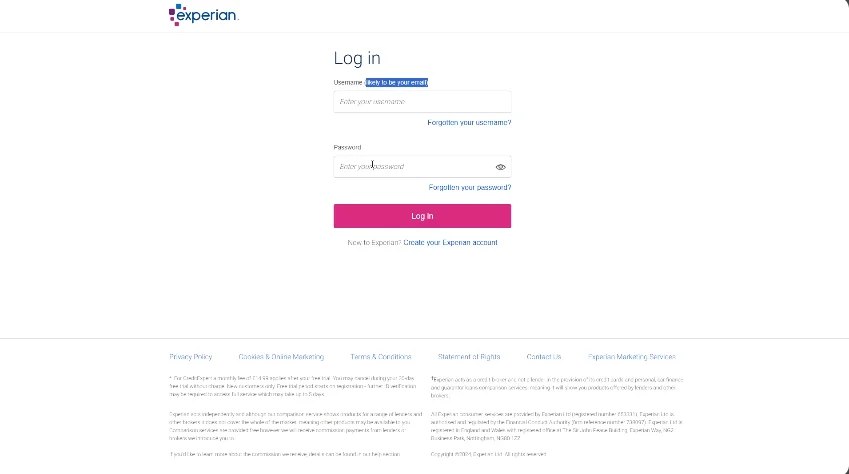 login form of experian website