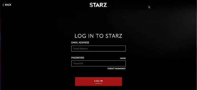 login form of starz