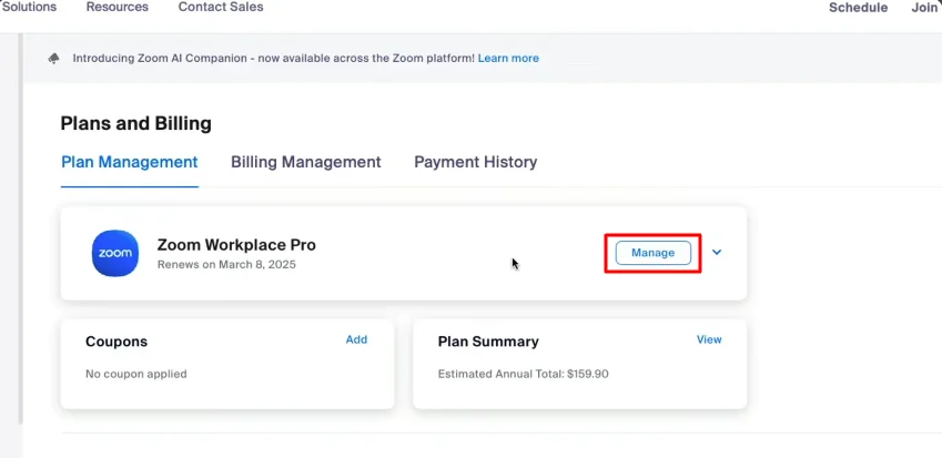 manage subscription of zoom