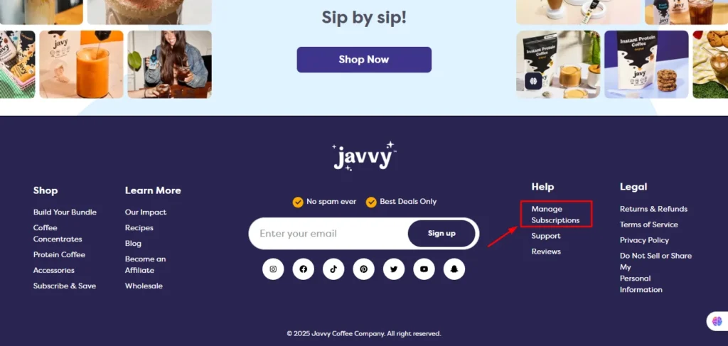 manage subscription button of javvy coffee