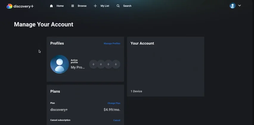 account management of discovery plus