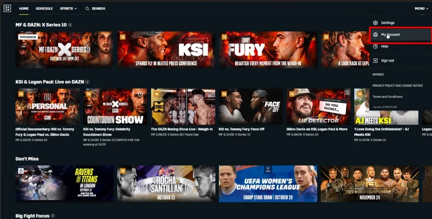 my account button on dazn