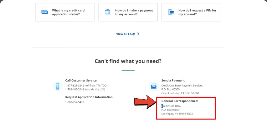 Credit One Card postal address
