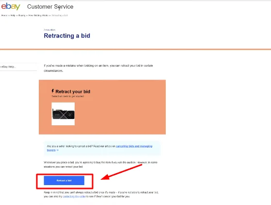 click retract a bid button to retract Bid on eBay