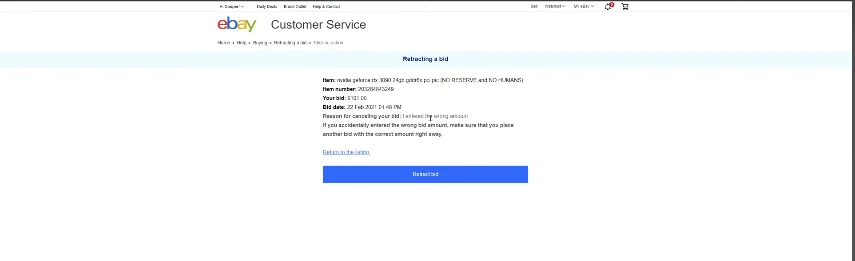 retract Bid on eBay button