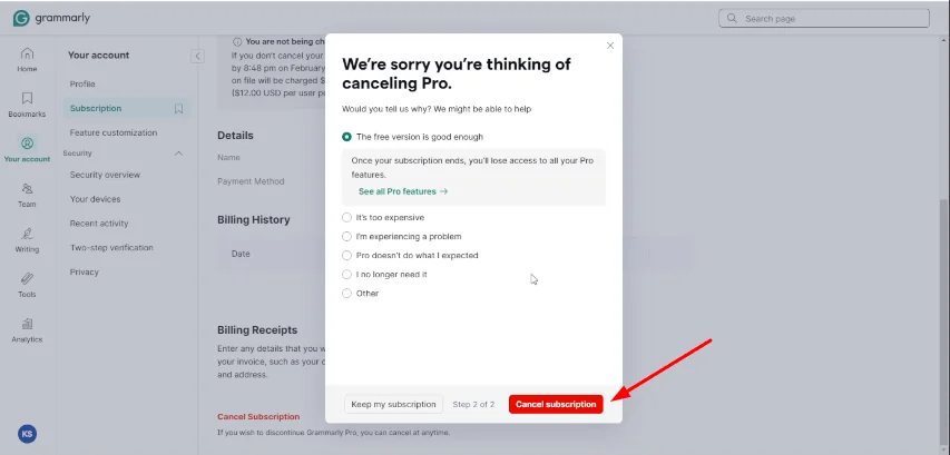 cancel subscription button