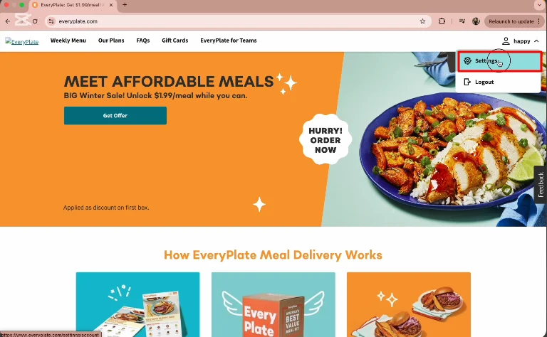 settings button of EveryPlate