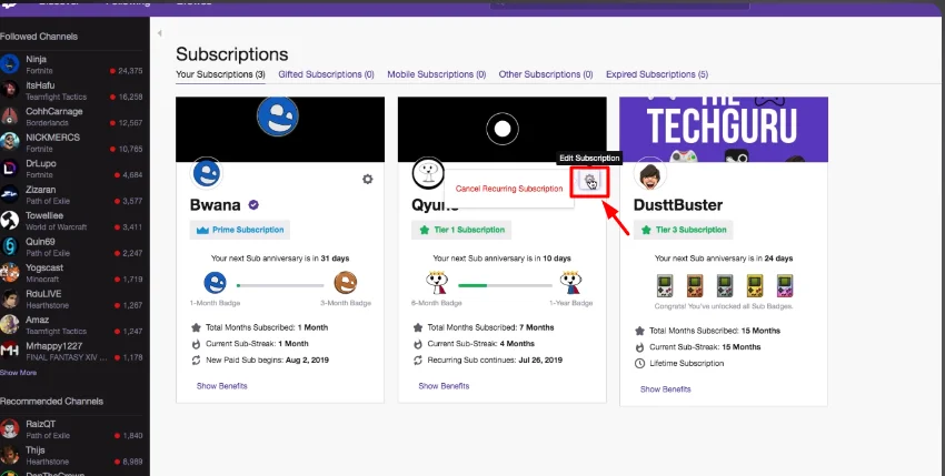 gear button of subscription
