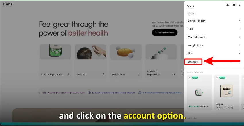settings button of hims account