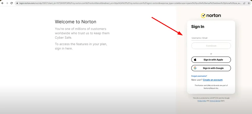 norton sign in form