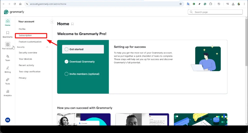 subscription button of grammarly