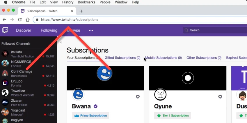 subscriptions page of twitch